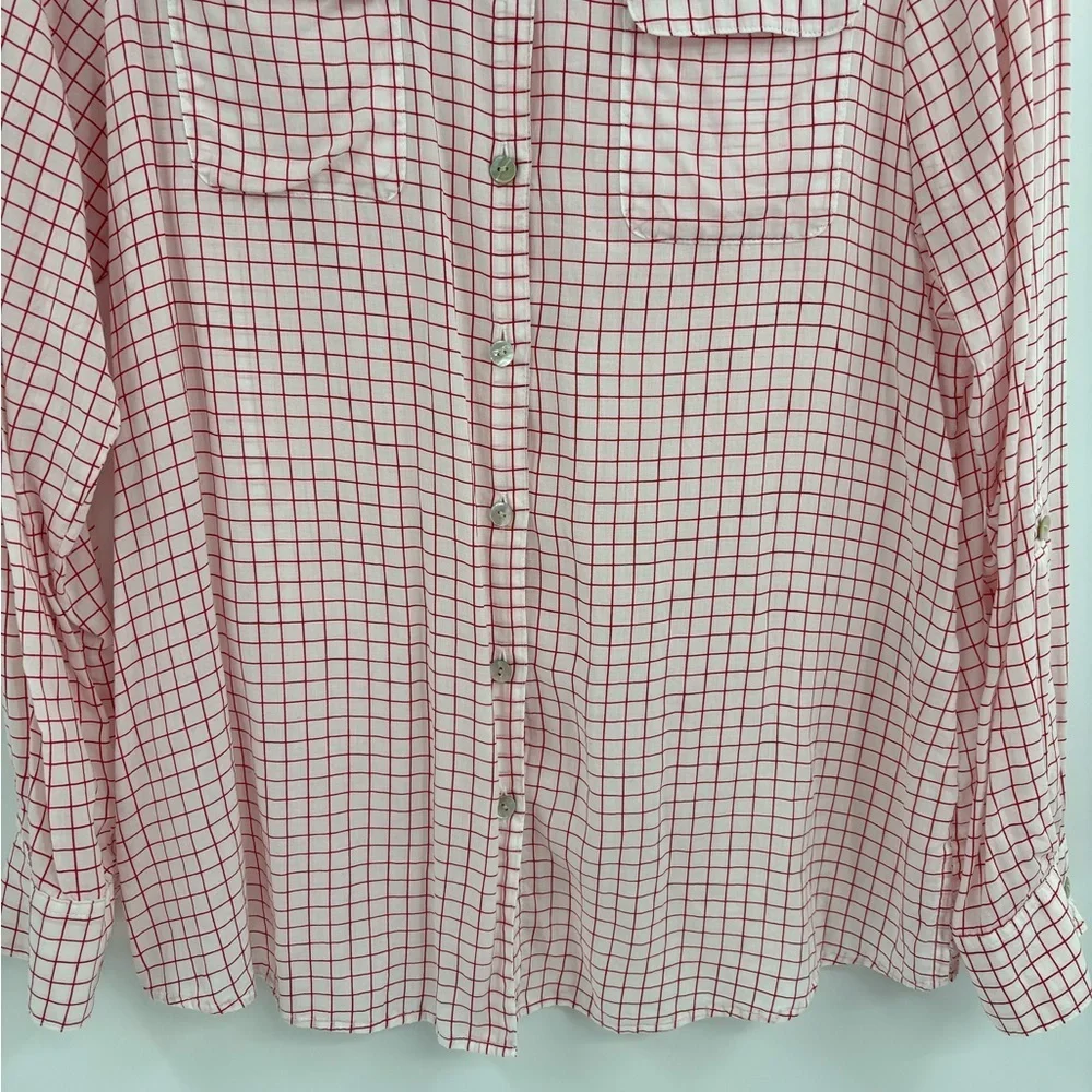 Foxcroft Women’s Blouse White Red Tencel Rolled Sleeve Gingham Button Up Size 10